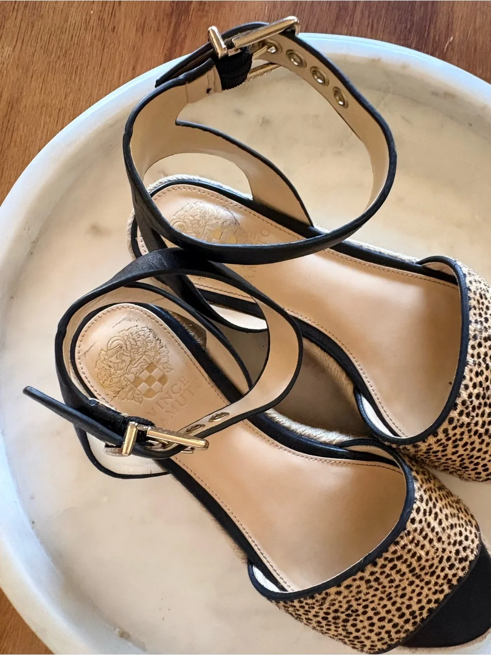 Vince Camuto Black & Tan Leopard Espadrille calf fur Wedge Sandals